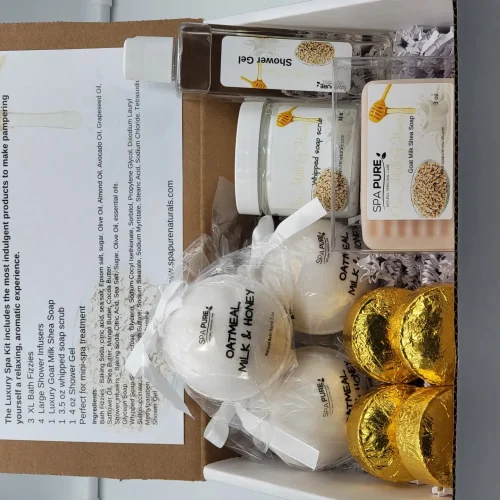 Spa Pure Luxury Spa Kit = Oatmeal, Milk & Honey, Gift for Mom, Pampering Gift Set, Bath Fizzies, Shower Steamers, Whipped Soap Scrub, Shower gel